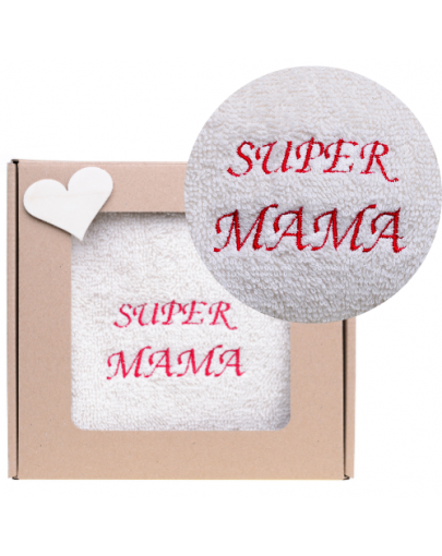 Ręcznik na prezent z haftem SUPER MAMA na dzień mamy/urodziny ECRU